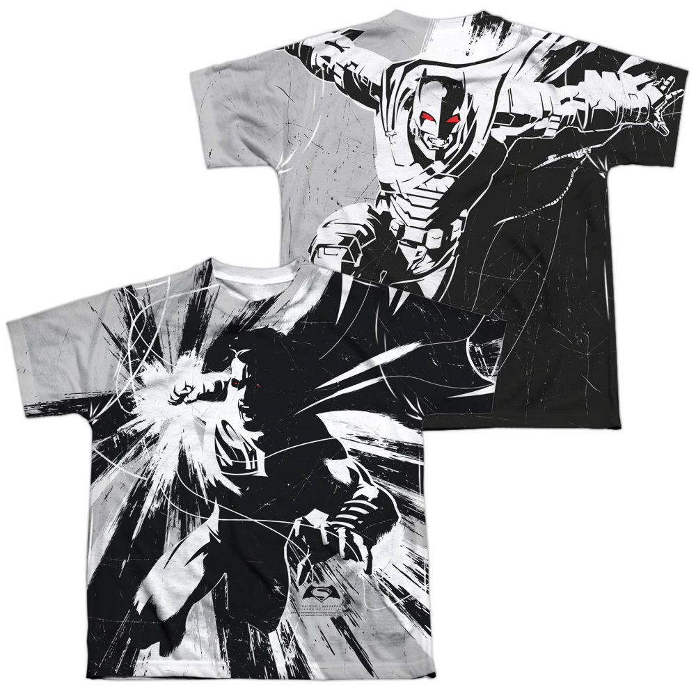 BVS151FB-YTPP-4 Batman vs Superman Graphic Contrast Front & Back Print Youth Short Sleeve T-Shirt, White - Extra Large