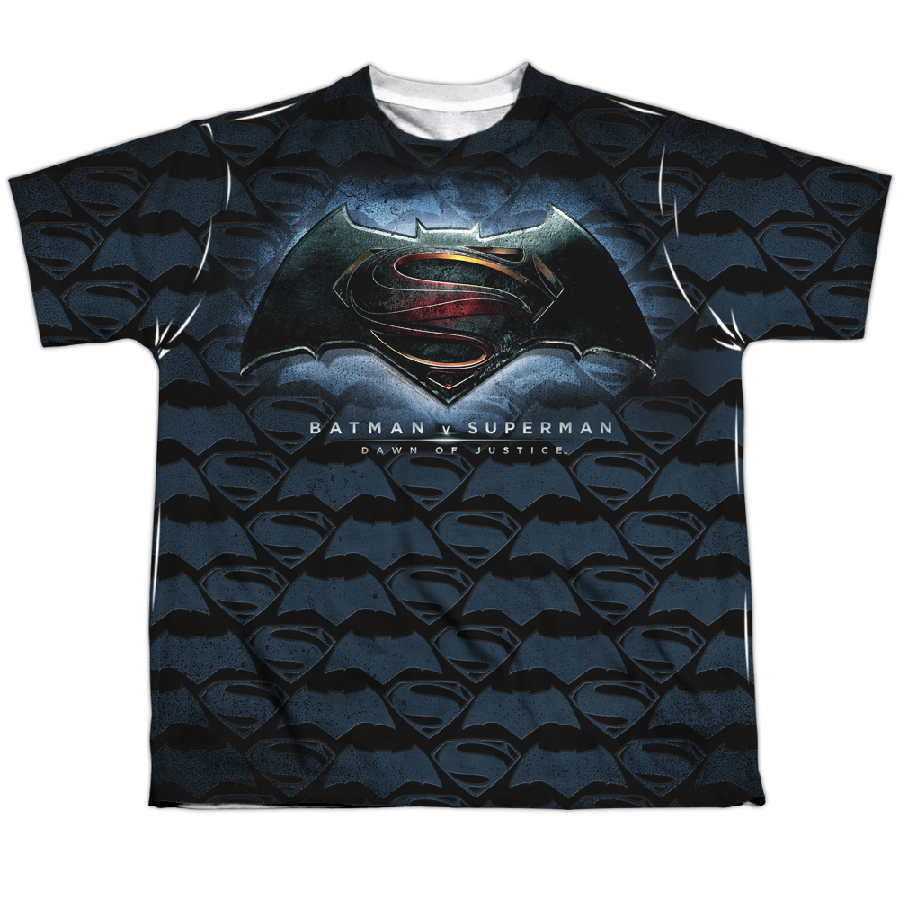 BVS148-YTPP-4 Batman vs Superman Logo Pattern Youth Short Sleeve T-Shirt, White - Extra Large