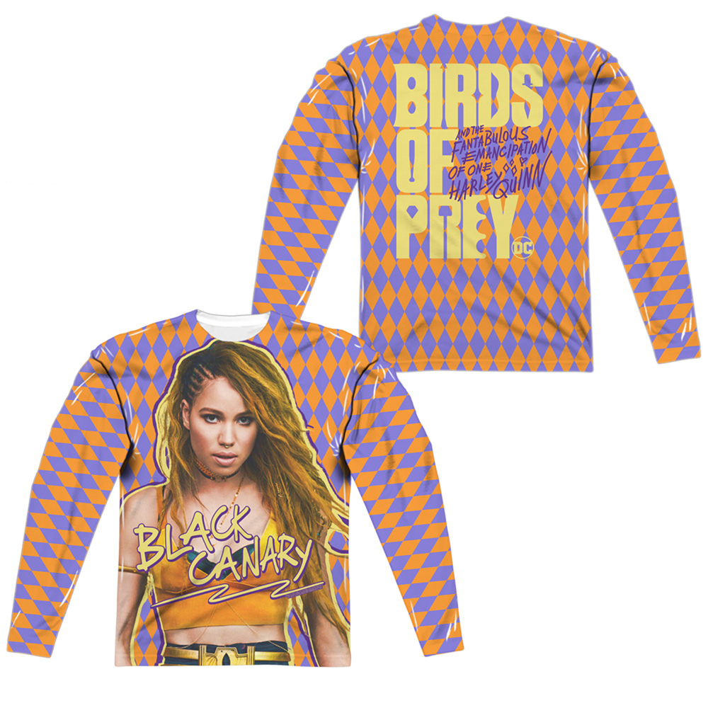 BOP133FB-ALPP-3 Birds of Prey Black Canary Front & Back Print Long Sleeve Adult Crew T-Shirt, White - Large