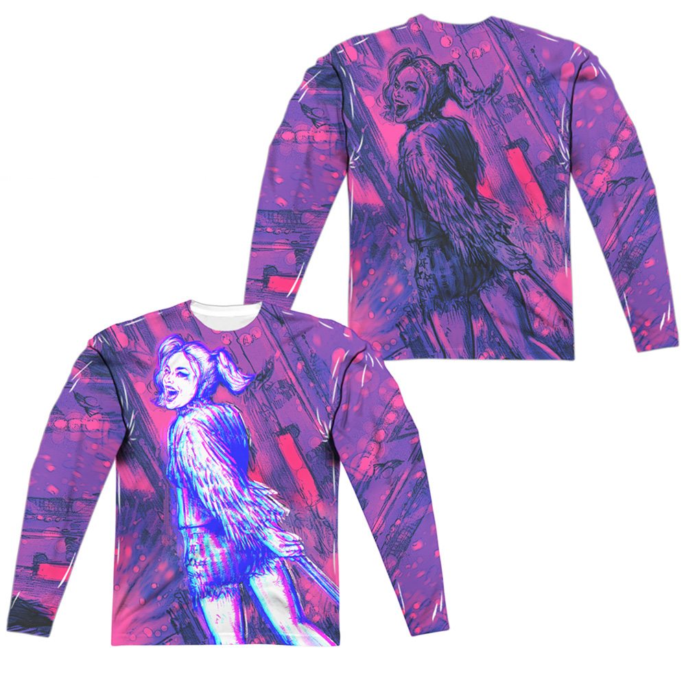 BOP112FB-ALPP-2 Birds of Prey Harleys Night Out Front & Back Print Long Sleeve Adult Crew T-Shirt, White - Medium