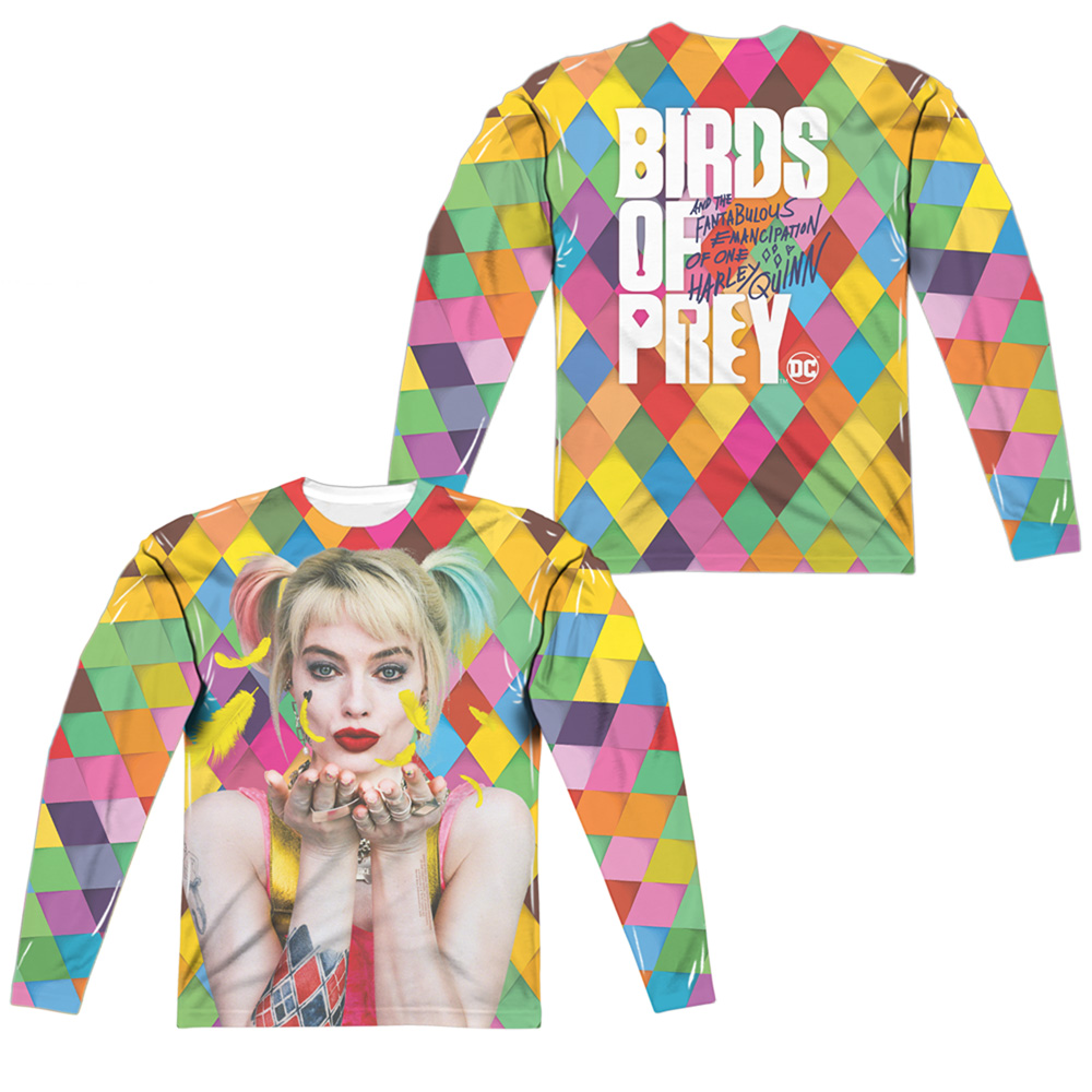 BOP121FB-ALPP-3 Birds of Prey Feathers Front & Back Print Long Sleeve Adult Crew T-Shirt, White - Large
