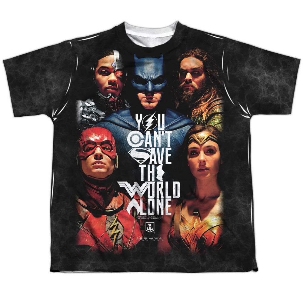 JLM193-YTPP-4 Justice League Movie Save The World Poster Youth Short Sleeve T-Shirt, White - Extra Large