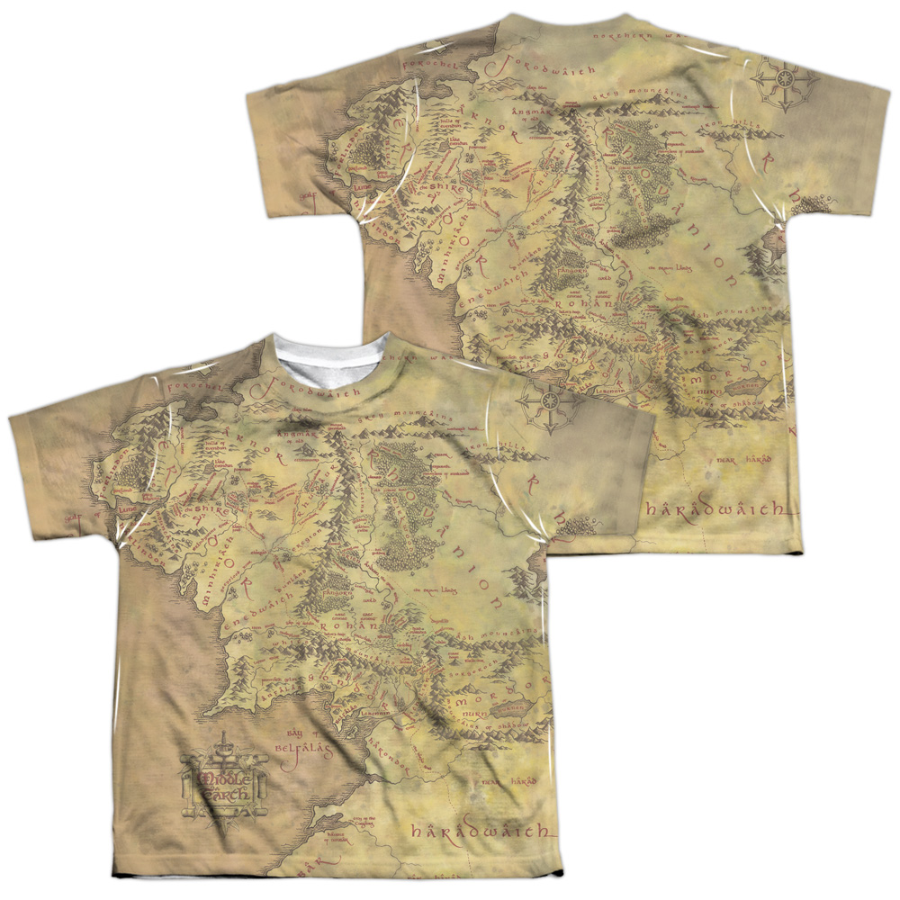 LOR1036FB-YTPP-4 Lord of the Rings Middle Earth Map Front & Back Print Youth Short Sleeve T-Shirt, White - Extra Large