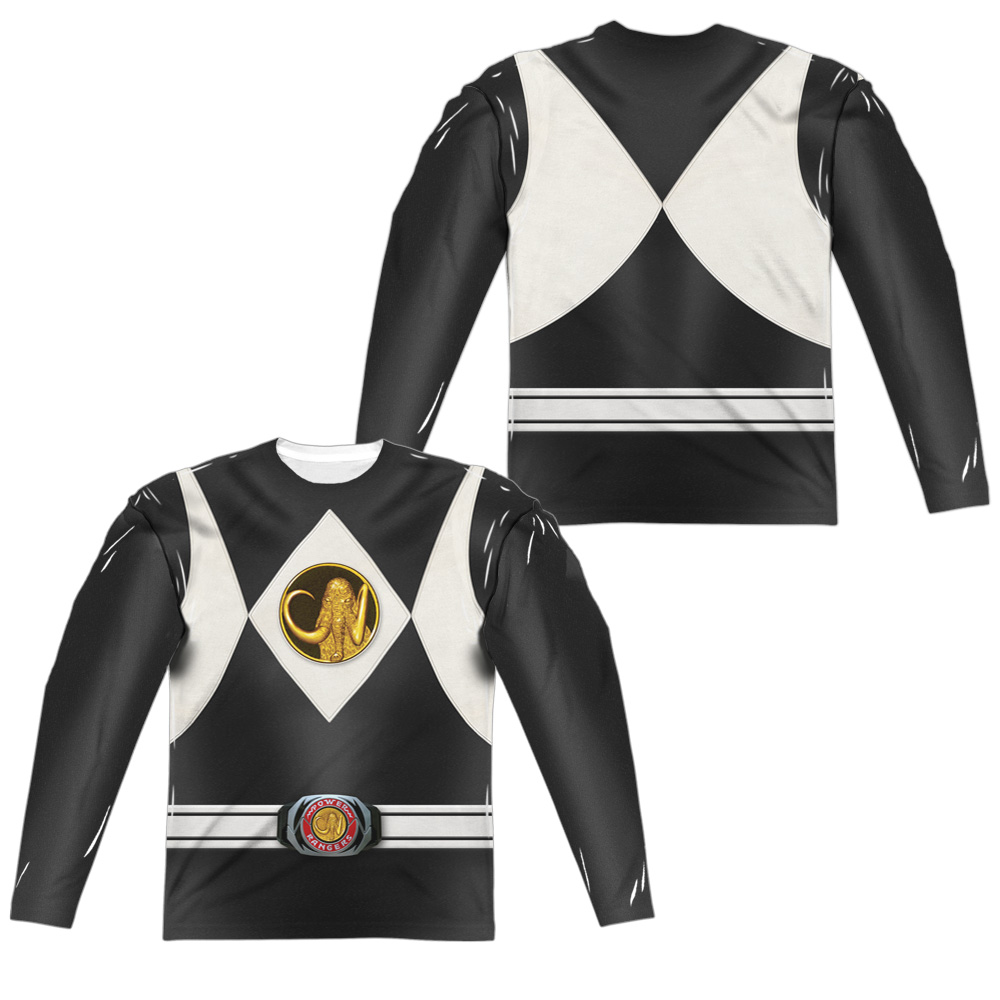 PWR110FB-ALPP-6 Power Rangers Black Ranger Uniform Front & Back Print Long Sleeve Adult Crew T-Shirt, White - 3X