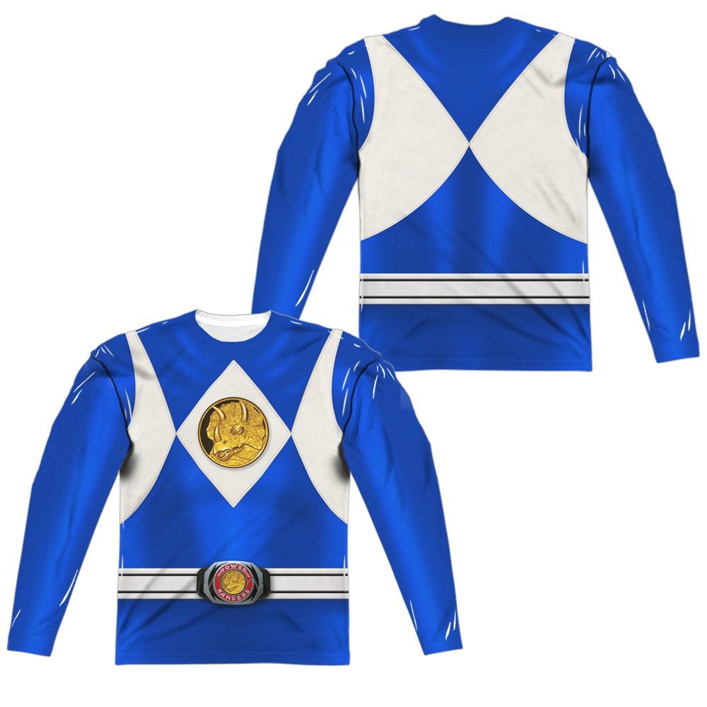 PWR111FB-ALPP-6 Power Rangers Blue Ranger Emblem Front & Back Print Long Sleeve Adult Crew T-Shirt, White - 3X