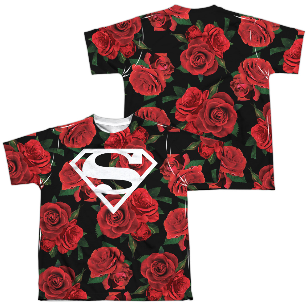 SM2347FB-YTPP-4 Superman Super Floral Front & Back Print Youth Short Sleeve T-Shirt, White - Extra Large