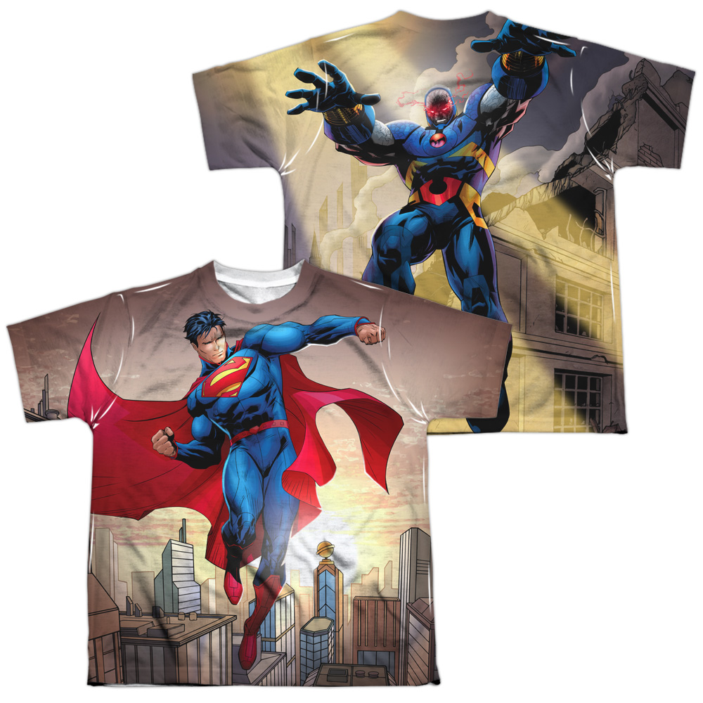 SM2321FB-YTPP-4 Superman Light & Darkseid Front & Back Print Youth Short Sleeve T-Shirt, White - Extra Large