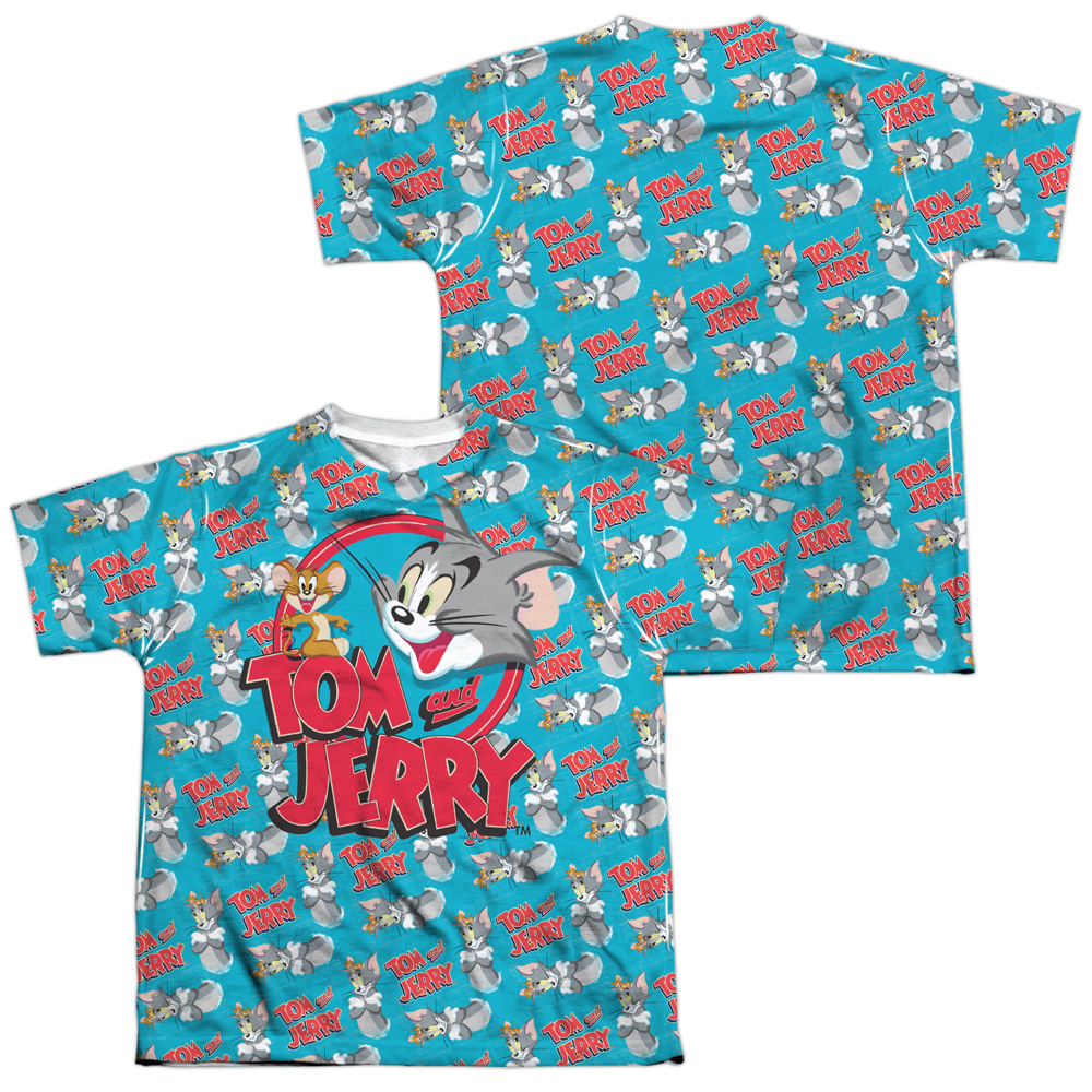 HNB126FB-YTPP-4 Tom & Jerry Double Trouble Front & Back Print Youth Short Sleeve T-Shirt, White - Extra Large