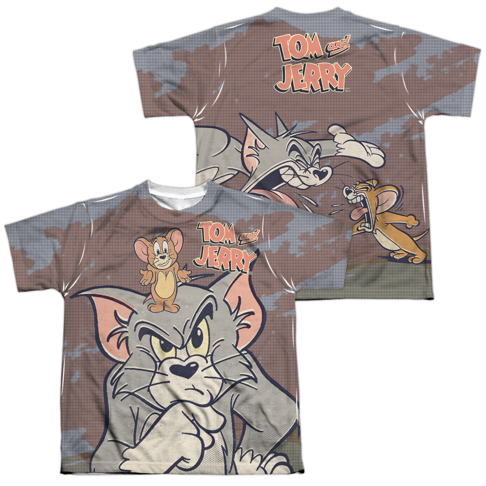HNB127FB-YTPP-4 Tom & Jerry Up To No Good Front & Back Print Youth Short Sleeve T-Shirt, White - Extra Large