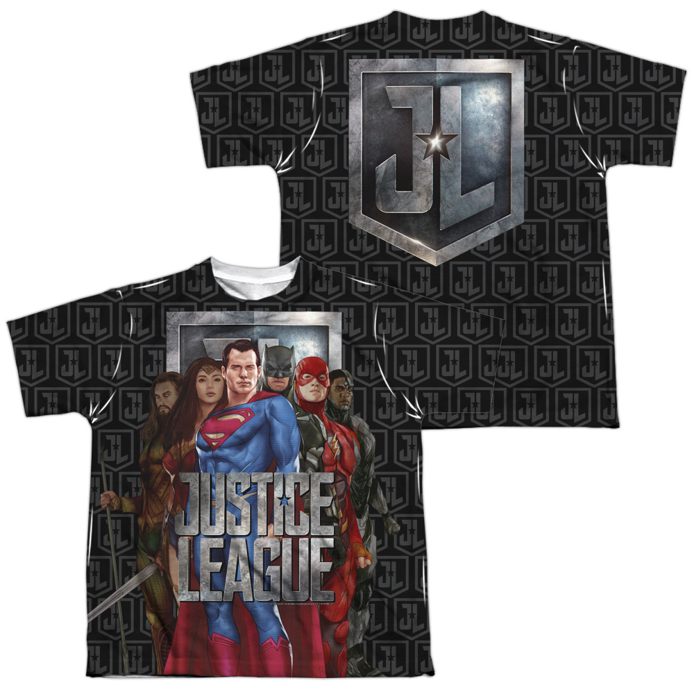 JLM116FB-YTPP-4 Justice League Movie The League Front & Back Print Youth Short Sleeve T-Shirt, White - Extra Large