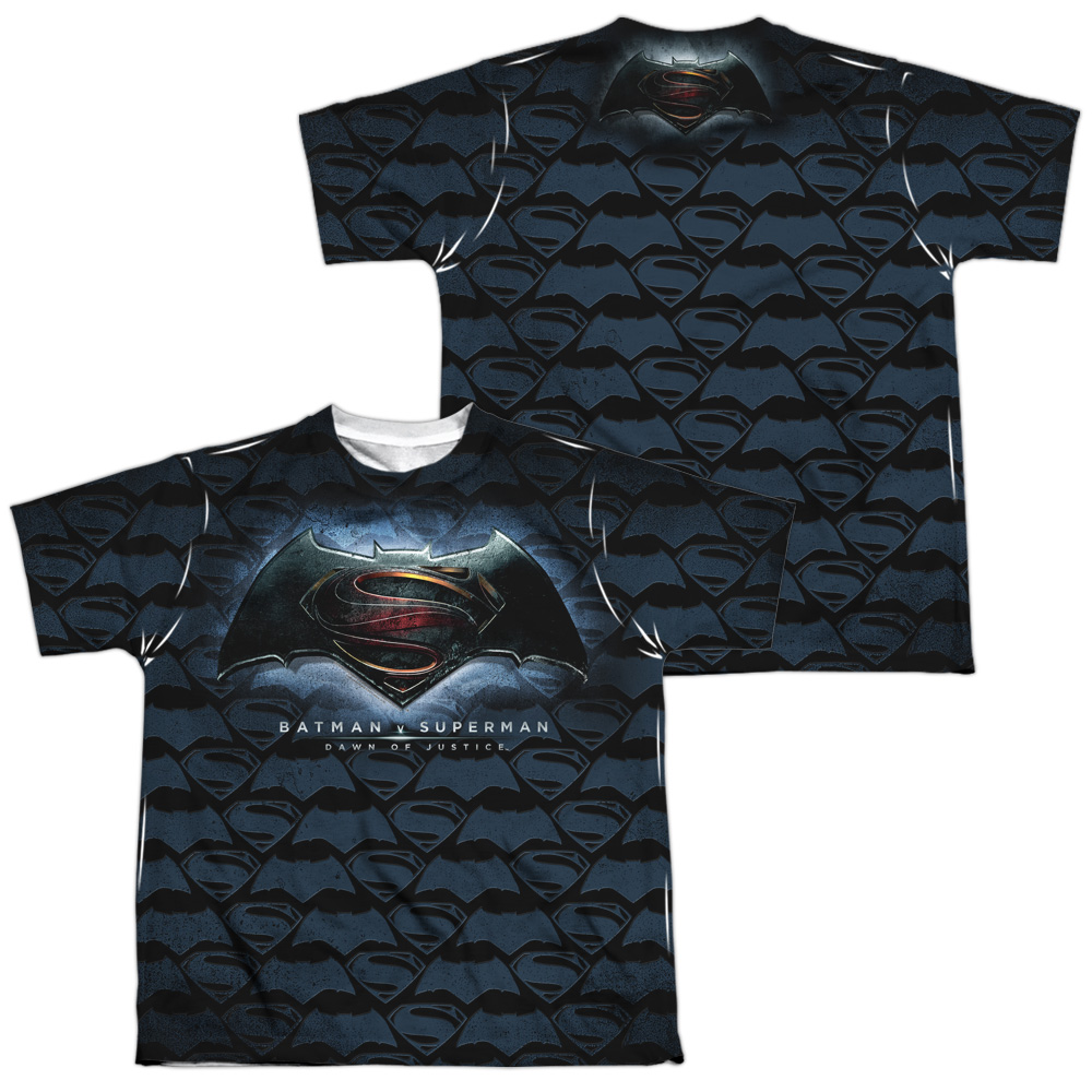 BVS148FB-YTPP-4 Batman vs Superman Logo Pattern Front & Back Print Youth Short Sleeve T-Shirt, White - Extra Large