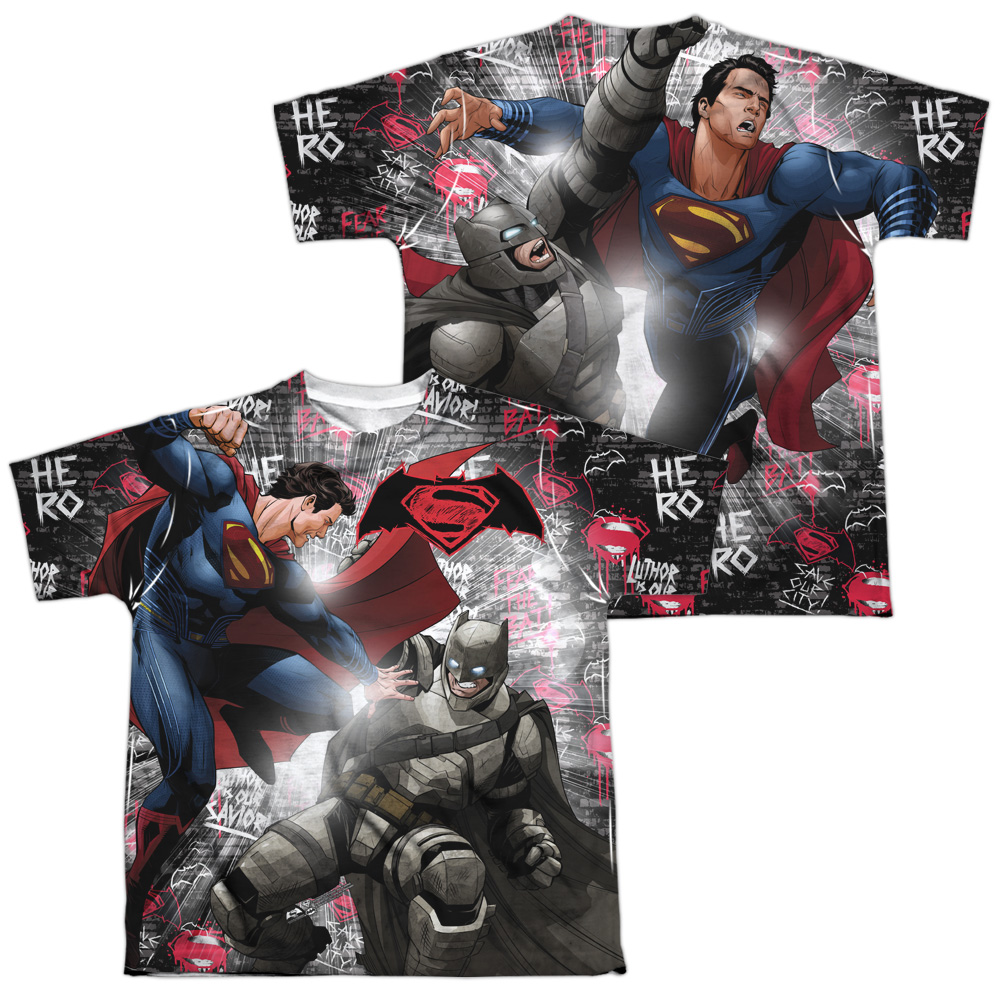 BVS153FB-YTPP-4 Batman vs Superman Showdown Front & Back Print Youth Short Sleeve T-Shirt, White - Extra Large