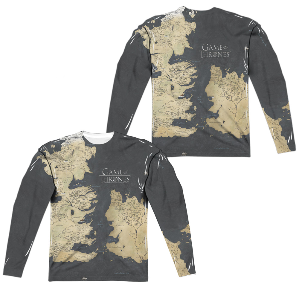 GOT104FB-ALPP-3 Game of Thrones Westeros Map Front & Back Print Long Sleeve Adult Crew T-Shirt, White - Large
