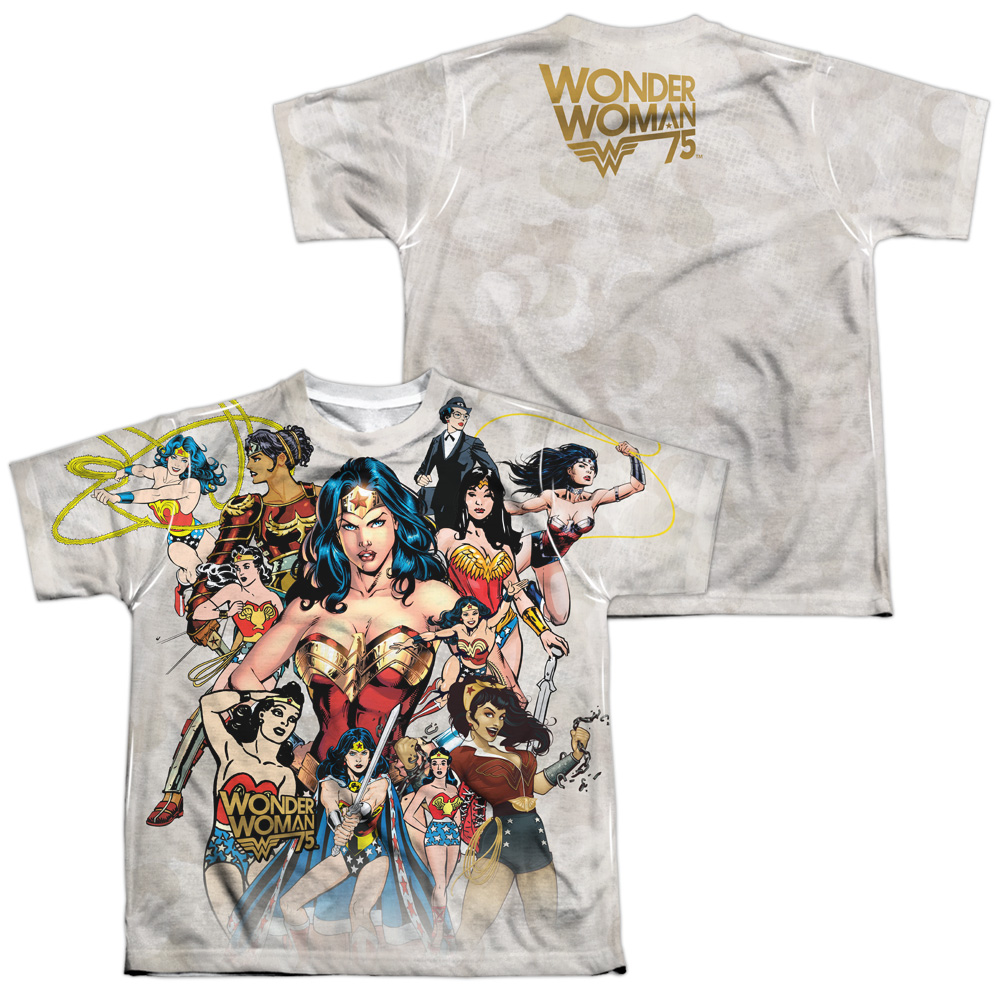 JLA719FB-YTPP-4 Wonder Woman 75th Collage Front & Back Print Youth Short Sleeve T-Shirt, White - Extra Large