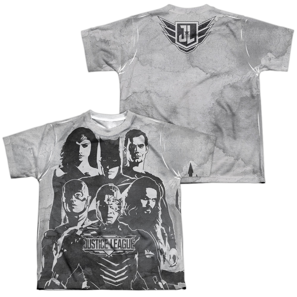 JLM136FB-YTPP-4 Justice League Movie The League Front & Back Print Youth Short Sleeve T-Shirt, White - Extra Large