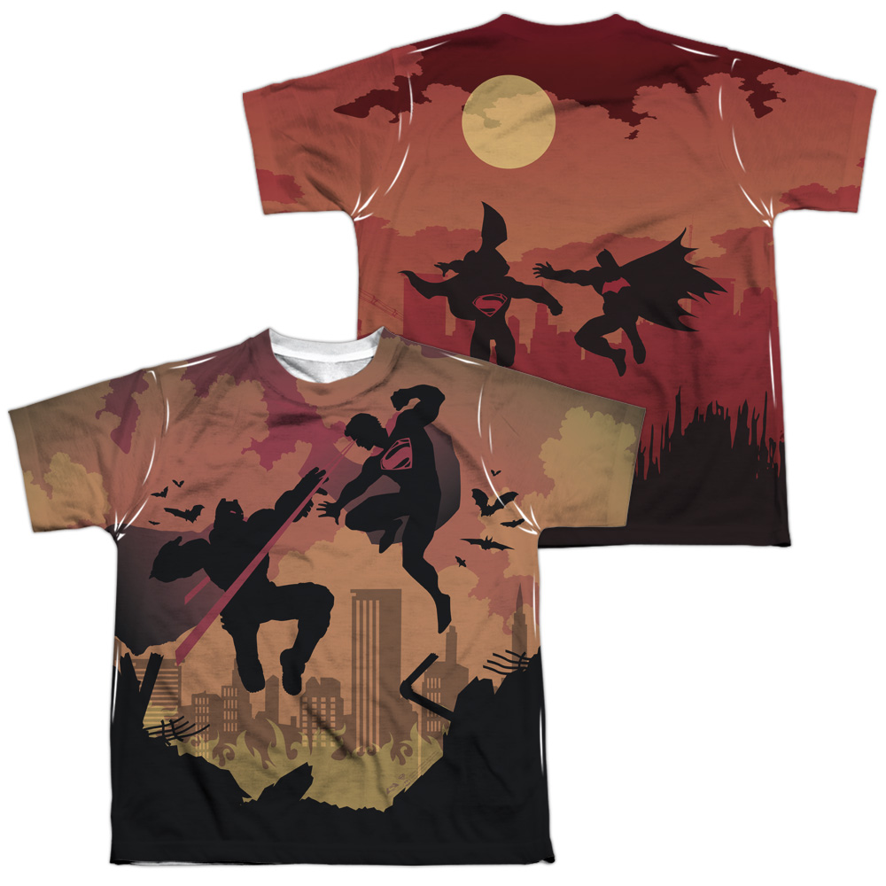 BVS150FB-YTPP-4 Batman vs Superman Silhouette Fight Front & Back Print Youth Short Sleeve T-Shirt, White - Extra Large