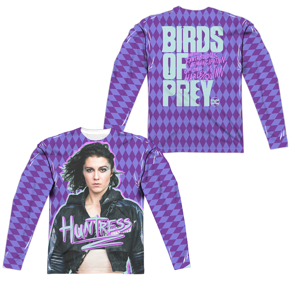 BOP134FB-ALPP-3 Birds of Prey Huntress Front & Back Print Long Sleeve Adult Crew T-Shirt, White - Large