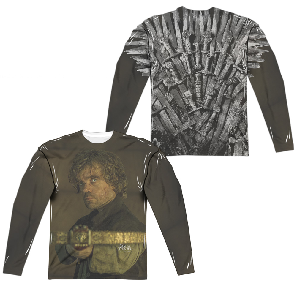 GOT175FB-ALPP-4 Game of Thrones Tyrion for The Throne Front & Back Print Long Sleeve Adult Crew T-Shirt, White - Extra Large