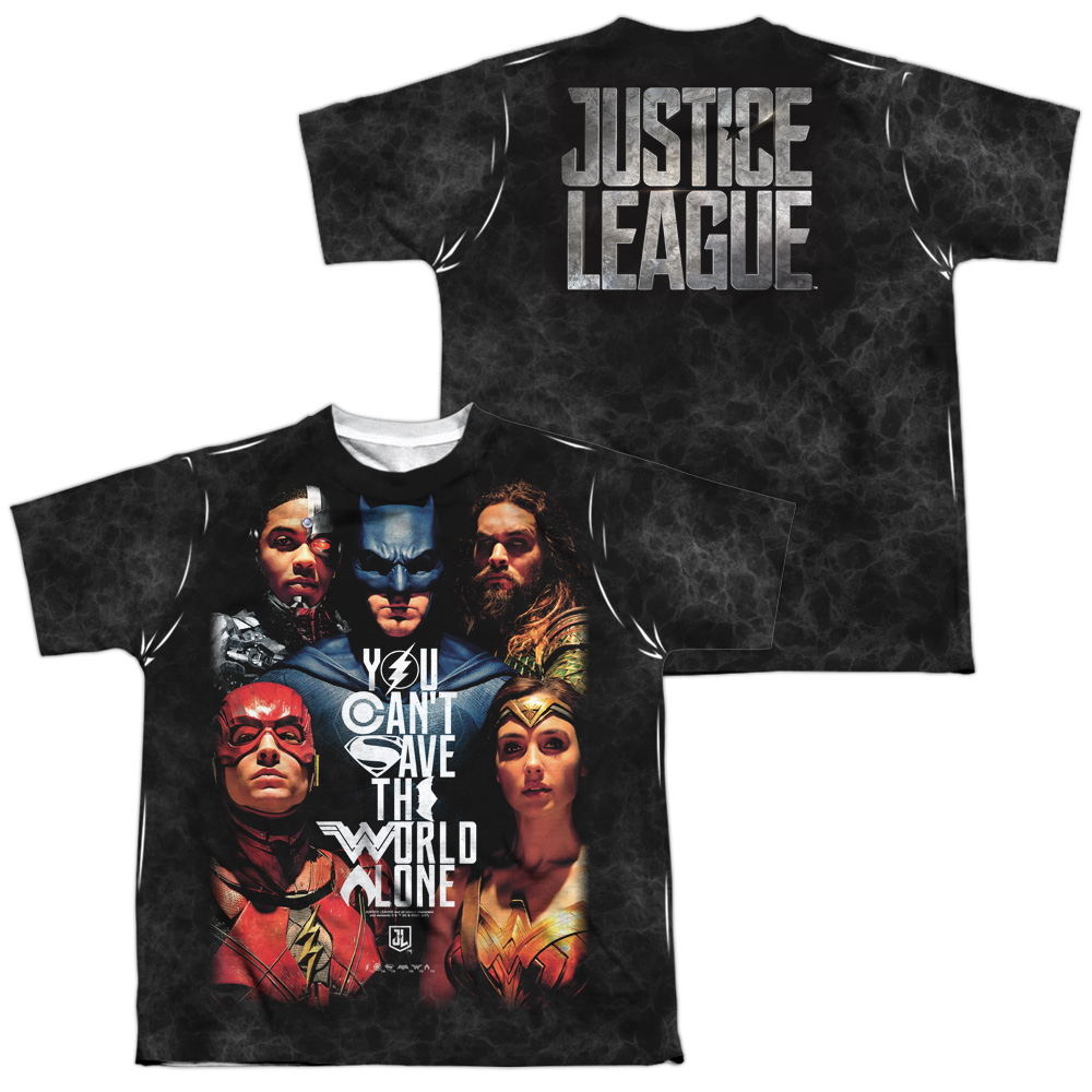 JLM193FB-YTPP-4 Justice League Movie Save The World Poster Front & Back Print Youth Short Sleeve T-Shirt, White - Extra Large