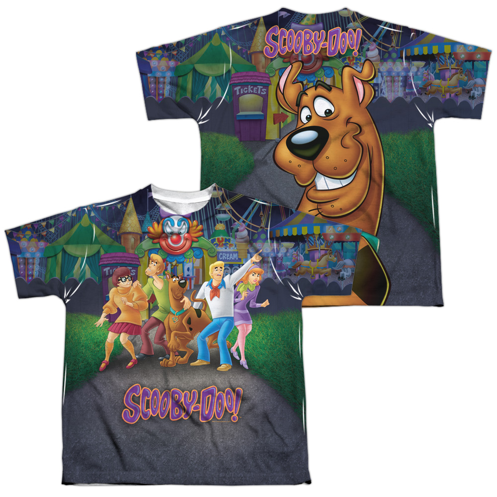 SD108FB-YTPP-4 Scooby Doo Amusement Park Front & Back Print Youth Short Sleeve T-Shirt, White - Extra Large