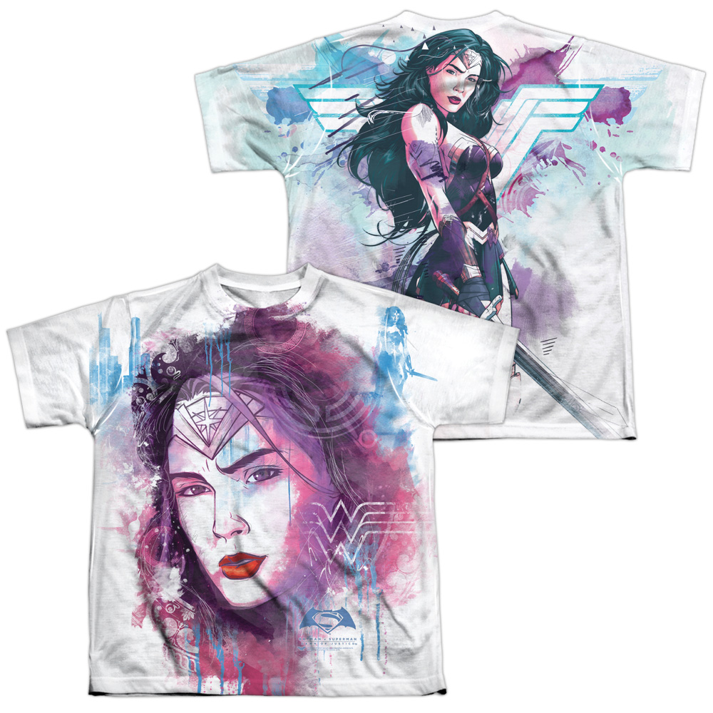 BVS159FB-YTPP-4 Batman vs Superman Watercolor Wonder Sub Front & Back Print Youth Short Sleeve T-Shirt, White - Extra Large