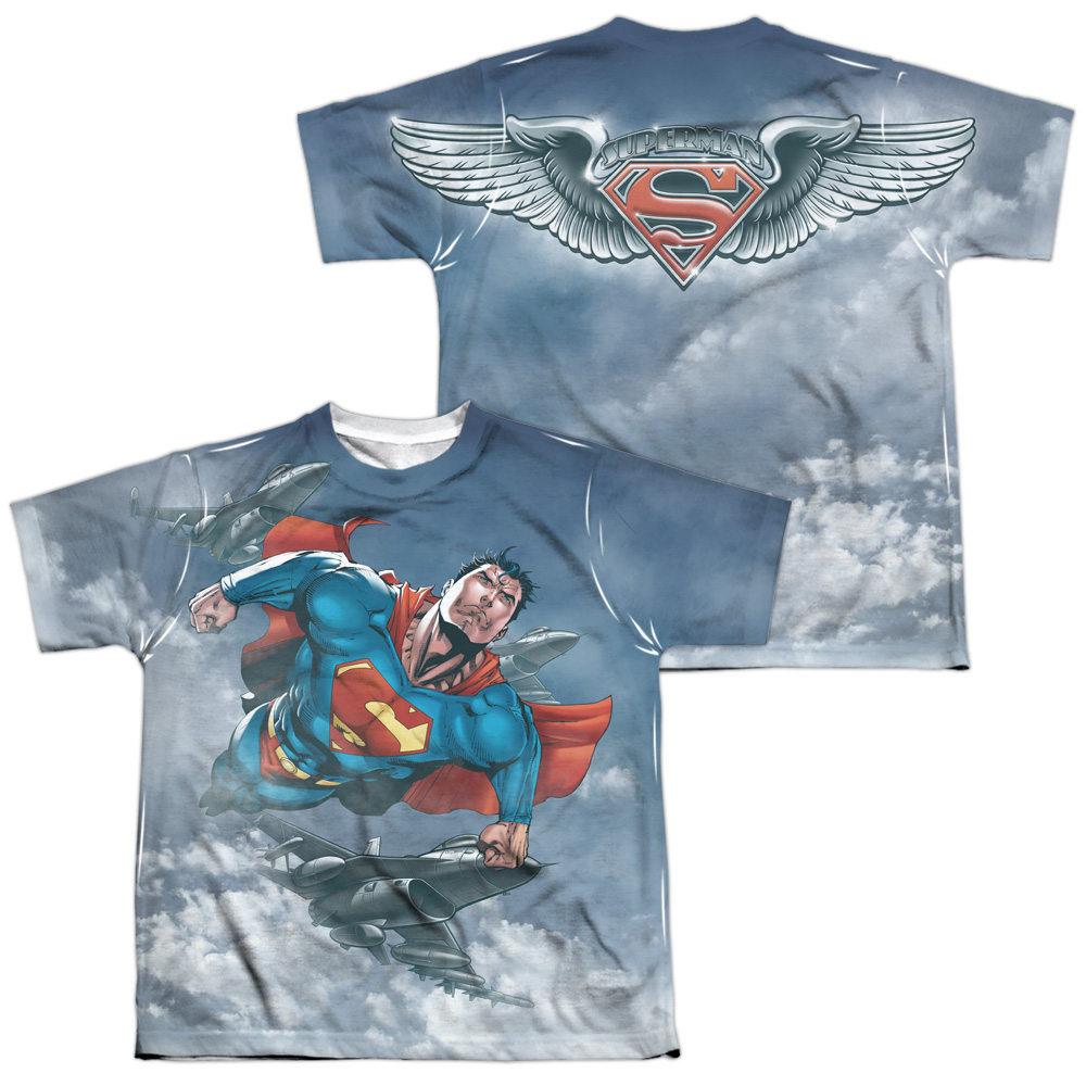 SM2228FB-YTPP-4 Superman In Formation Front & Back Print Youth Short Sleeve T-Shirt, White - Extra Large