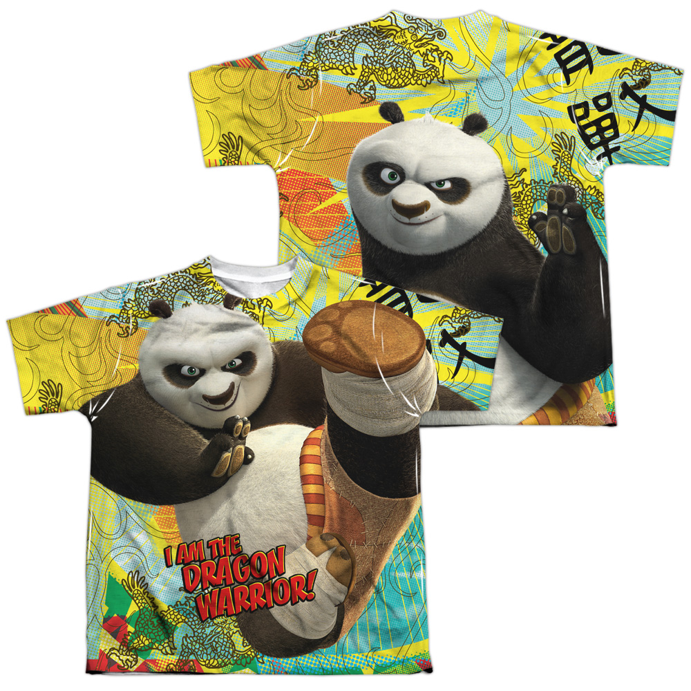 DRM198FB-YTPP-4 Kung Fu Panda Dragon Warrior Front & Back Print Youth Short Sleeve T-Shirt, White - Extra Large