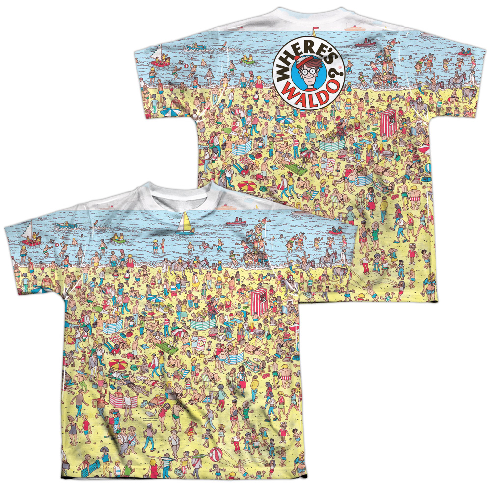 DRM355FB-YTPP-4 Wheres Waldo Beach Scene Front & Back Print Youth Short Sleeve T-Shirt, White - Extra Large
