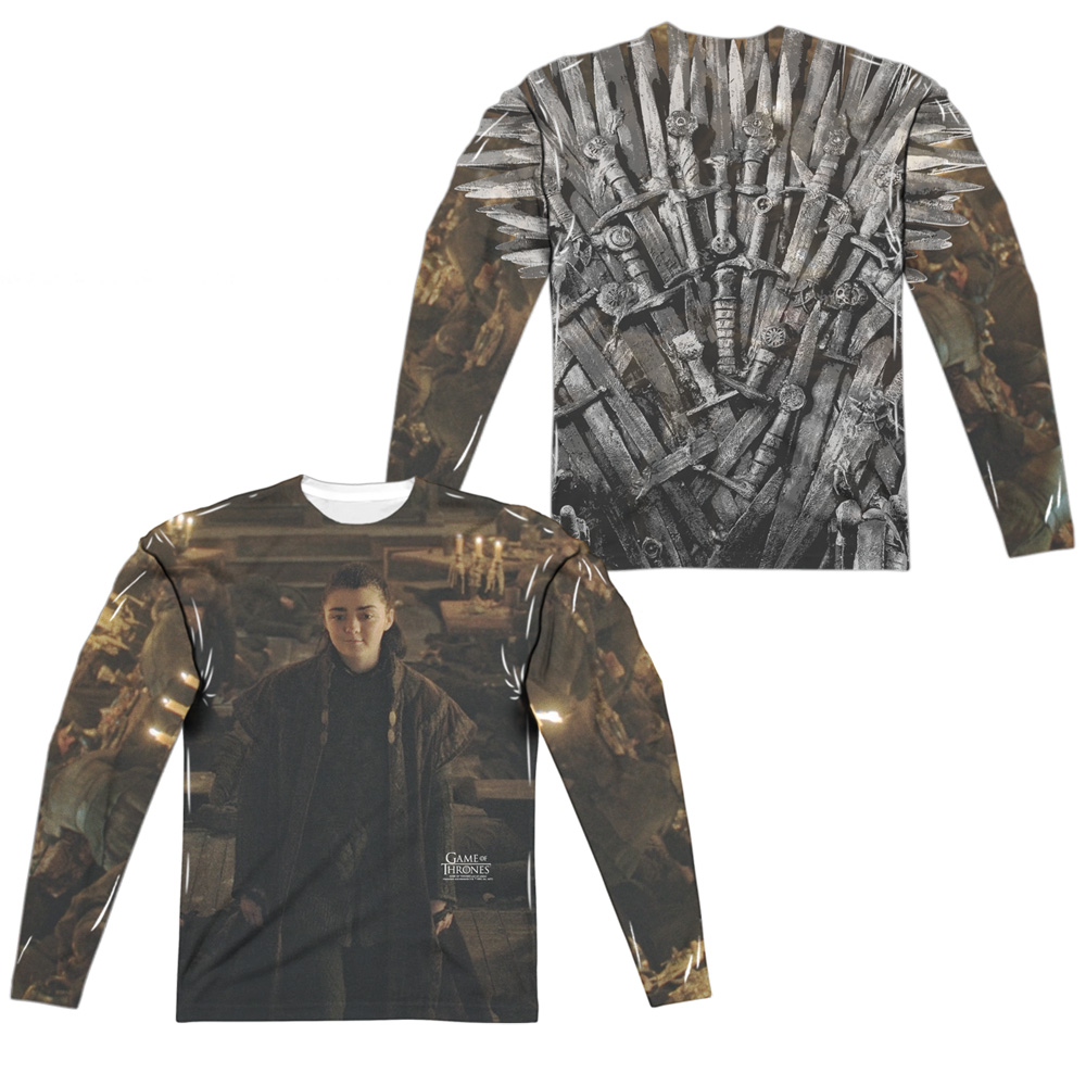 GOT176FB-ALPP-1 Game of Thrones Arya for The Throne Front & Back Print Long Sleeve Adult Crew T-Shirt, White - Small