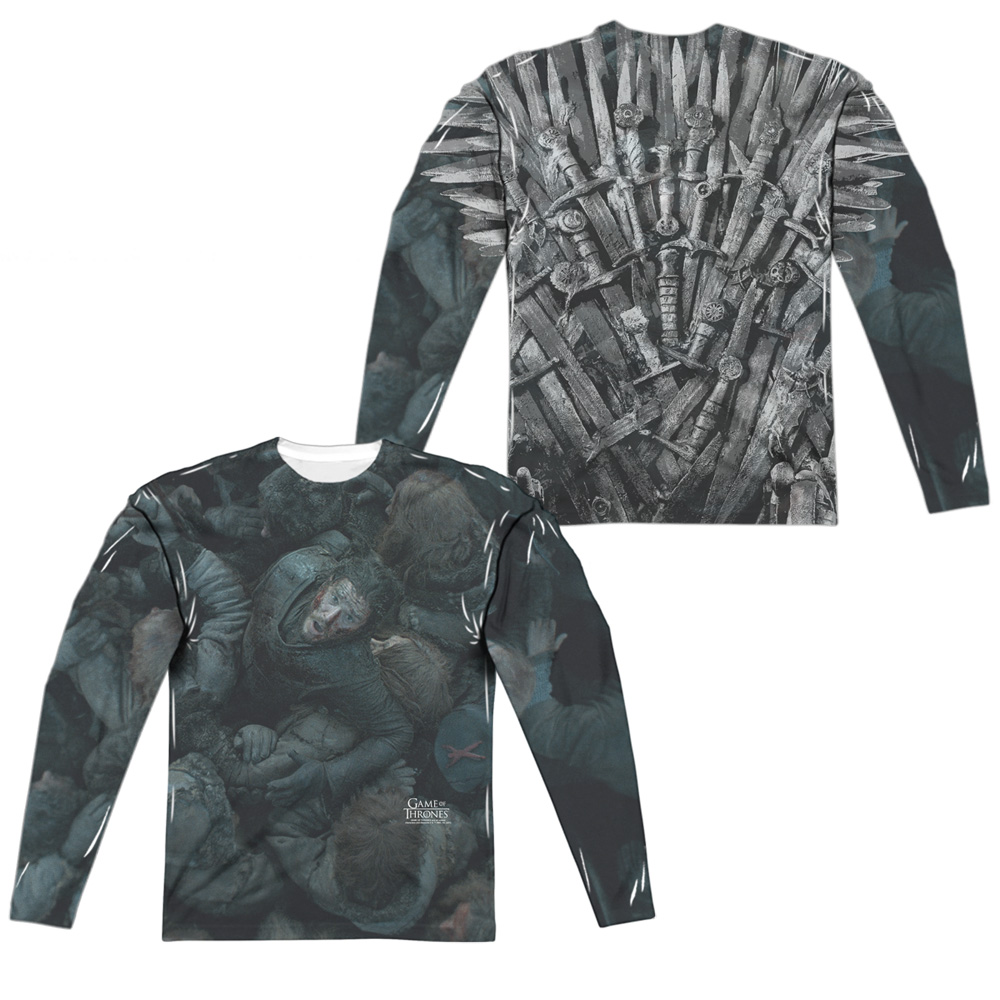 GOT173FB-ALPP-2 Game of Thrones Jon Snow The Throne Front & Back Print Long Sleeve Adult Crew T-Shirt, White - Medium