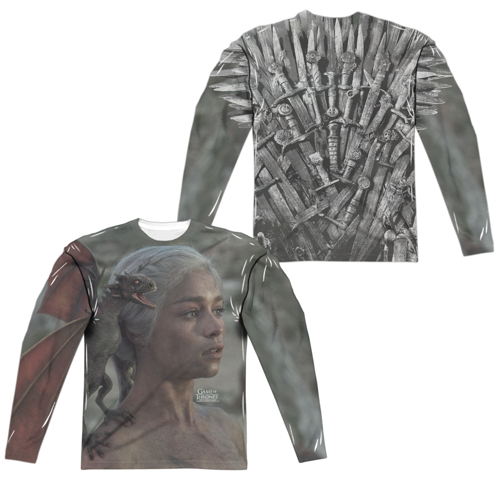 GOT174FB-ALPP-3 Game of Thrones Daenerys for The Throne Front & Back Print Long Sleeve Adult Crew T-Shirt, White - Large
