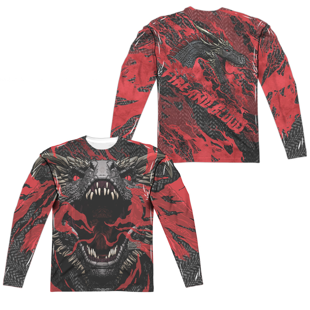 GOT142FB-ALPP-3 Game of Thrones Dragons Front & Back Print Long Sleeve Adult Crew T-Shirt, White - Large