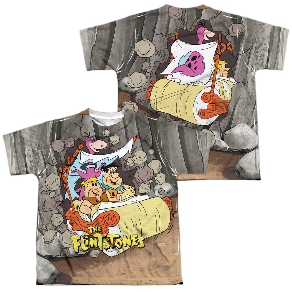 HNB128FB-YTPP-4 Flintstones Through The Rocks Front & Back Print Youth Short Sleeve T-Shirt, White - Extra Large