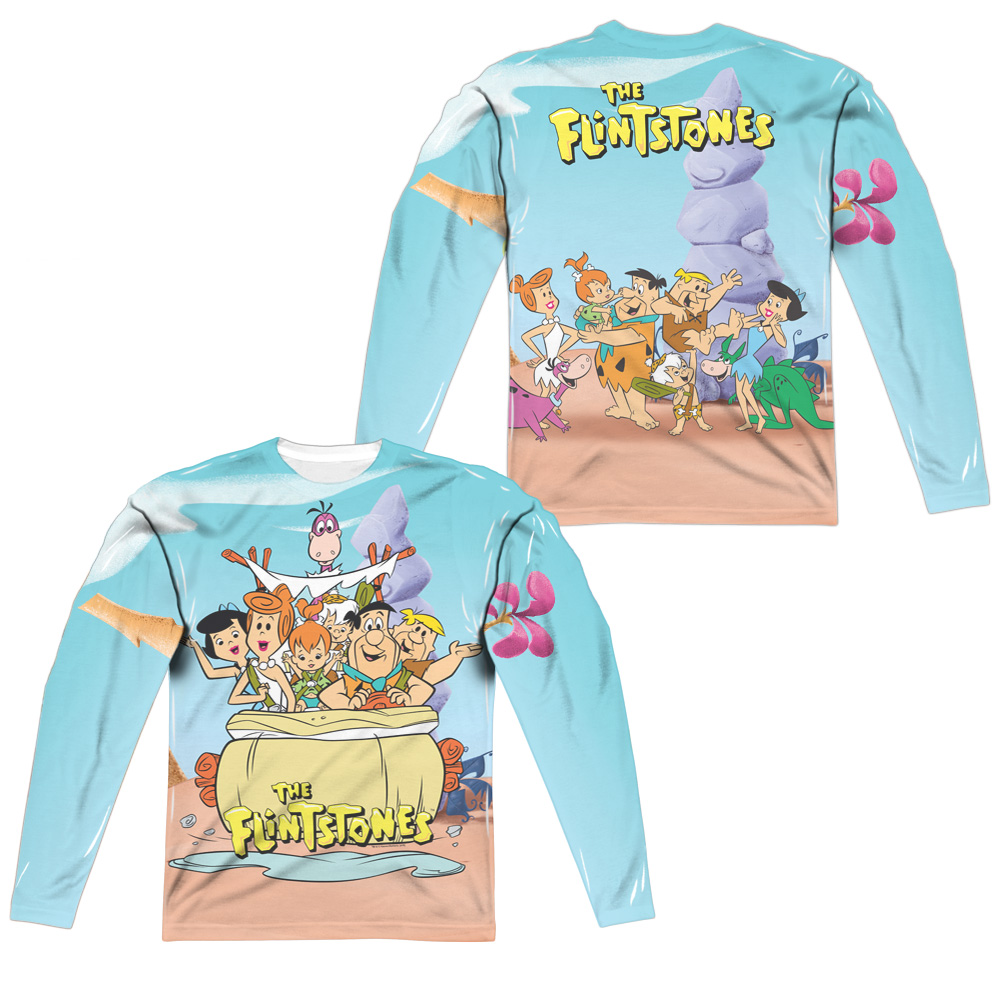 HNB129FB-ALPP-3 Flintstones Gang Front & Back Print Long Sleeve Adult Crew T-Shirt, White - Large