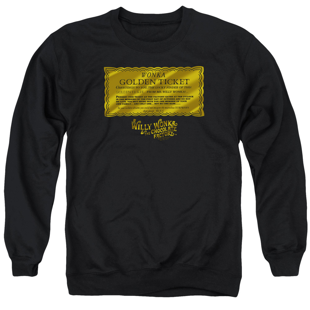 WBM586-AS-2 Willy Wonka & The Chocolate Factory Golden Ticket Adult Crewneck Sweatshirt, Black - Medium