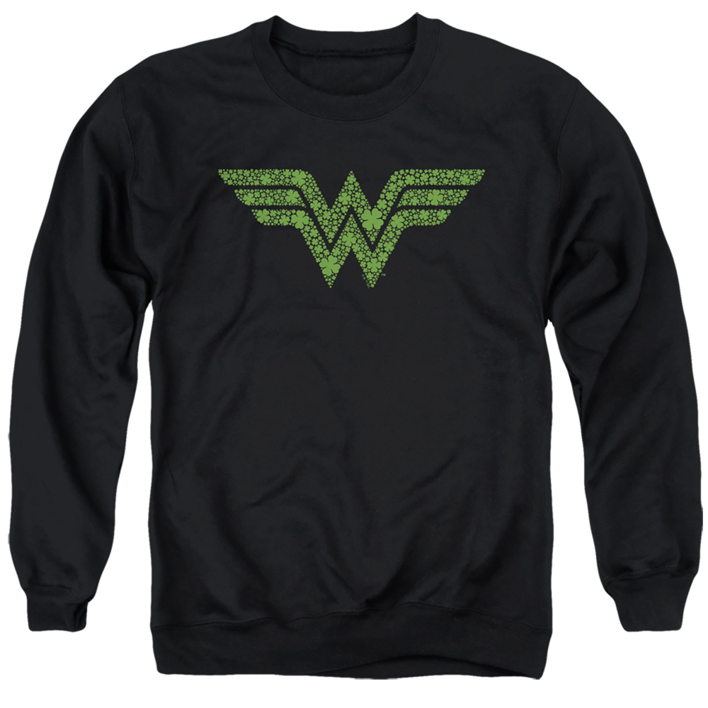 JLA10094SPD-AS-3 Wonder Woman St. Patricks Day Shamrock Logo Adult Crewneck Sweatshirt, Black - Large