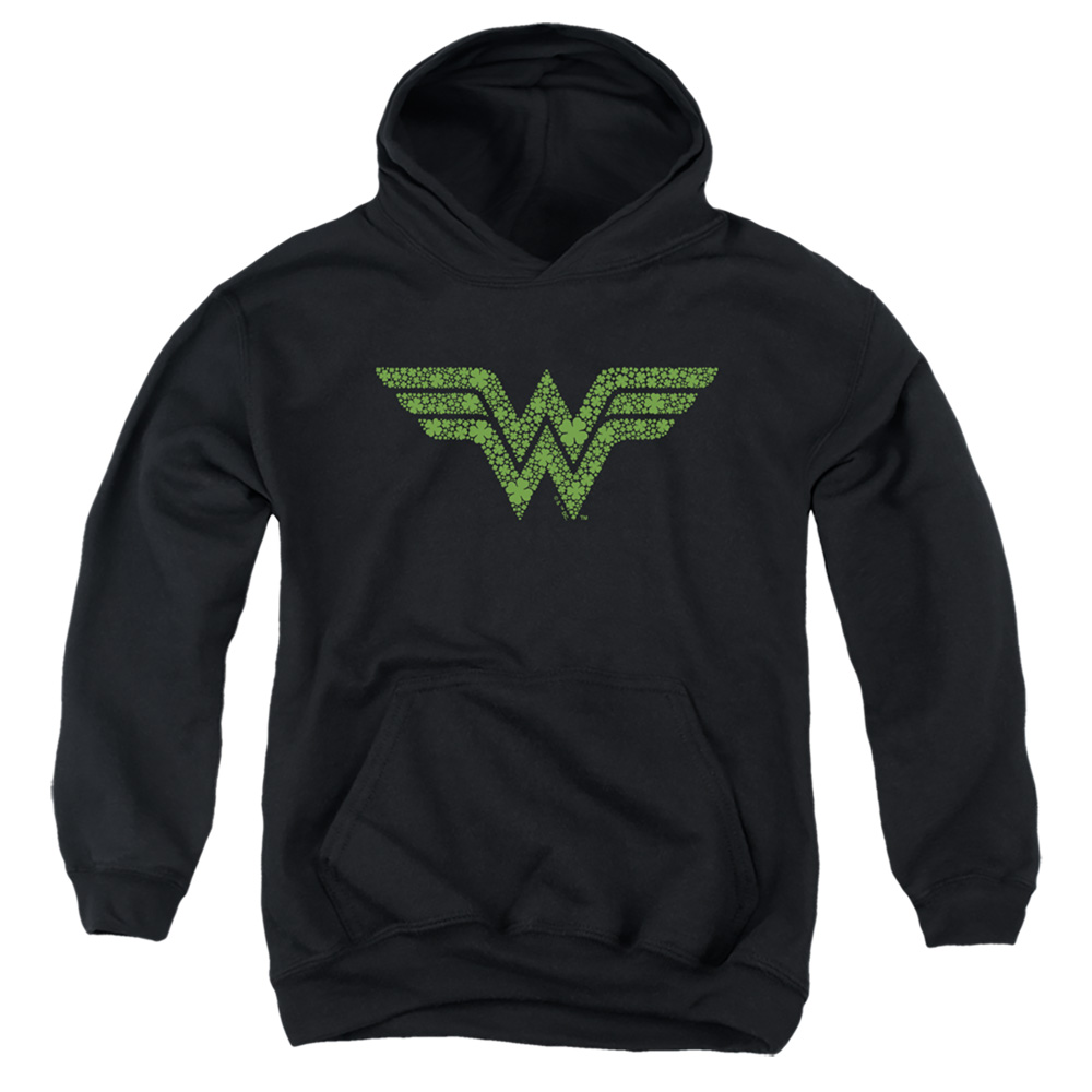 JLA10094SPD-YFTH-3 Wonder Woman St. Patricks Day Shamrock Logo Youth Hooded Sweatshirt, Black - Large