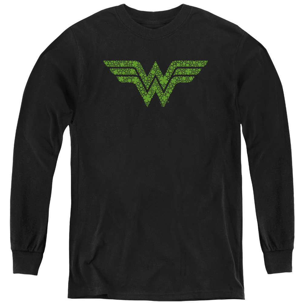 JLA10094SPD-YL-3 Wonder Woman St. Patricks Day Shamrock Logo Long Sleeve Youth T-Shirt, Black - Large