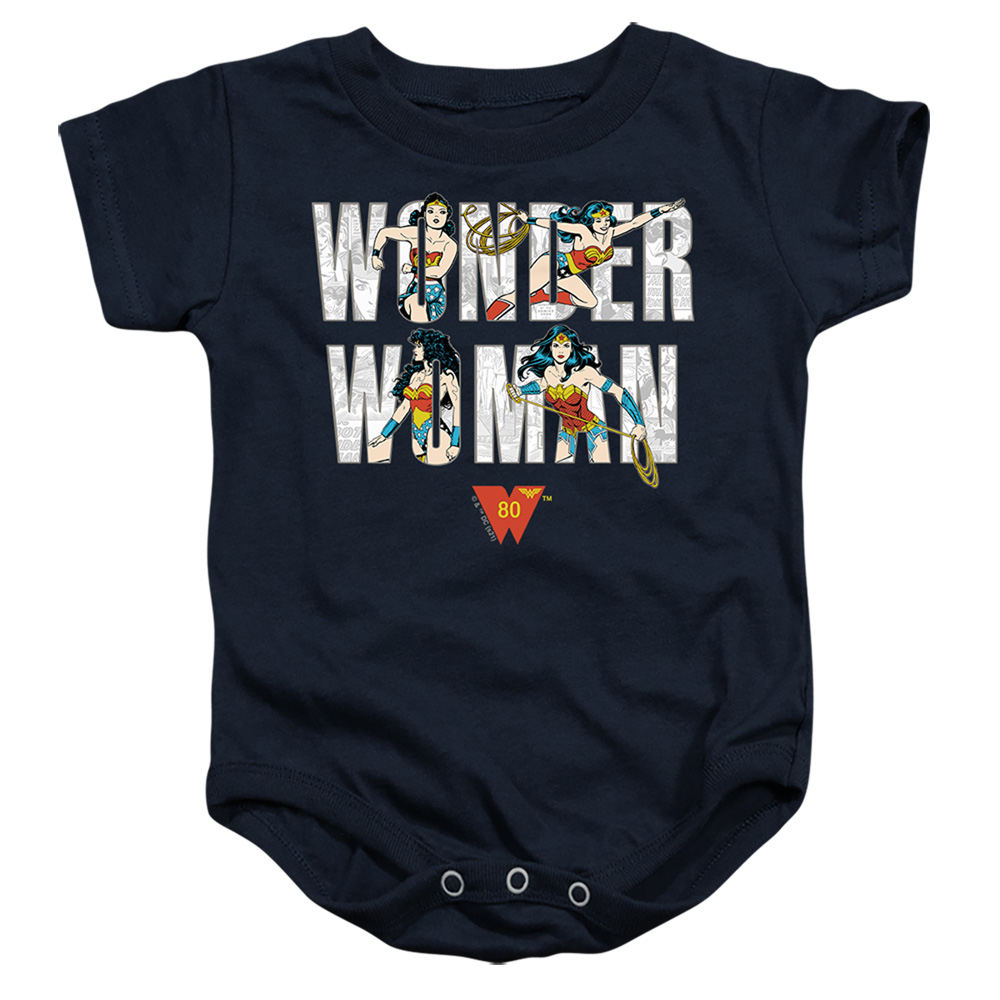 JLA1302-SS-3 Wonder Woman 80th Illustrated Type Infant Snapsuit, Navy - Large - 18 Month