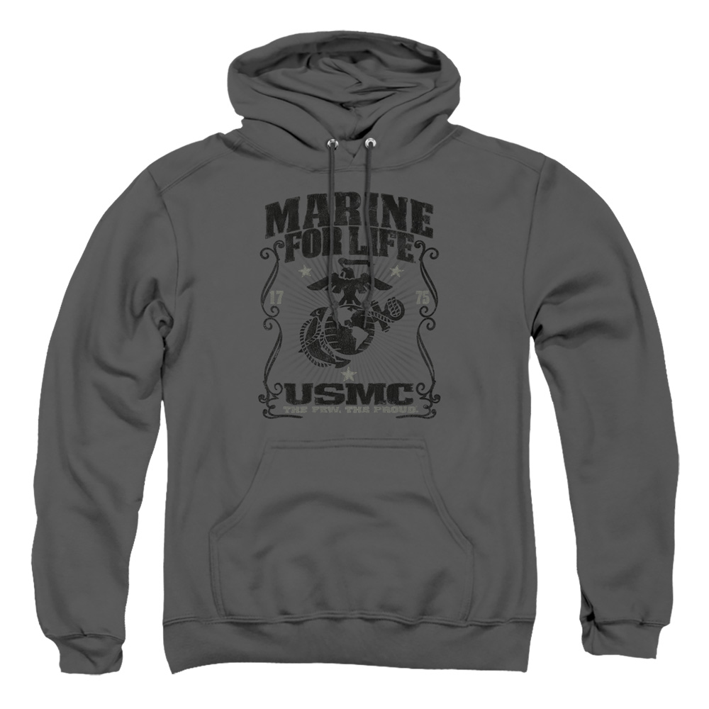 USMC110-AFTH-2 US Marine Corps for Life Adult Pullover Hoodie, Charcoal - Medium