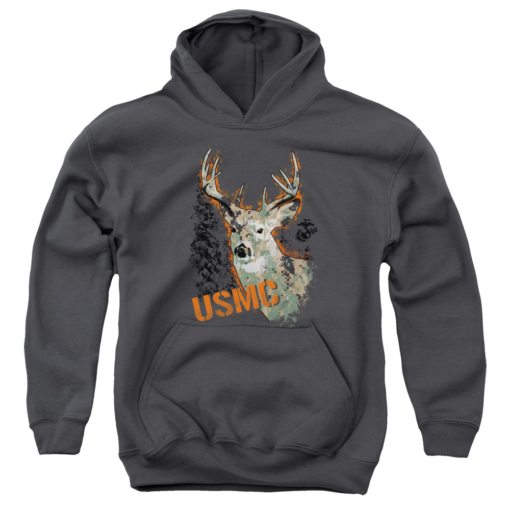 USMC103-YFTH-4 US Marine Corps Marine Deer Youth Hooded Sweatshirt, Charcoal - Extra Large