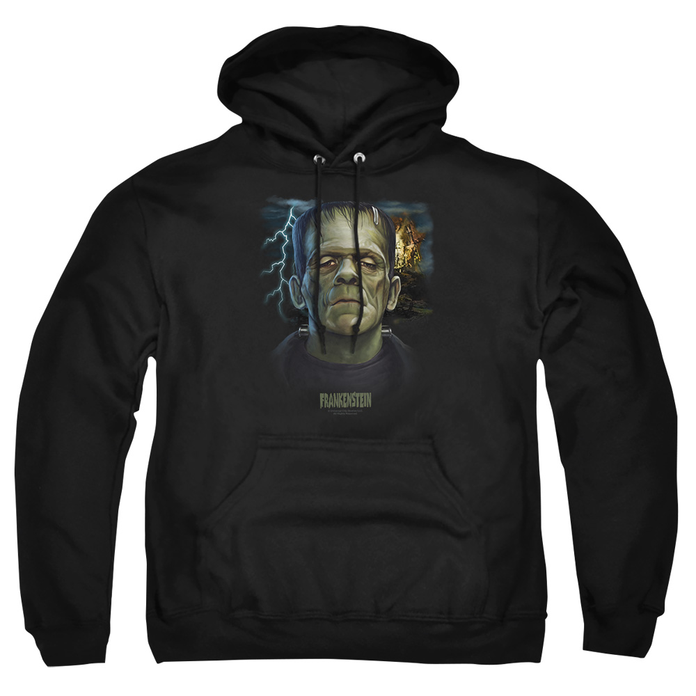 UNI2285-AFTH-1 Universal Monsters Frankenstein Head Adult Pullover Hoodie, Black - Small