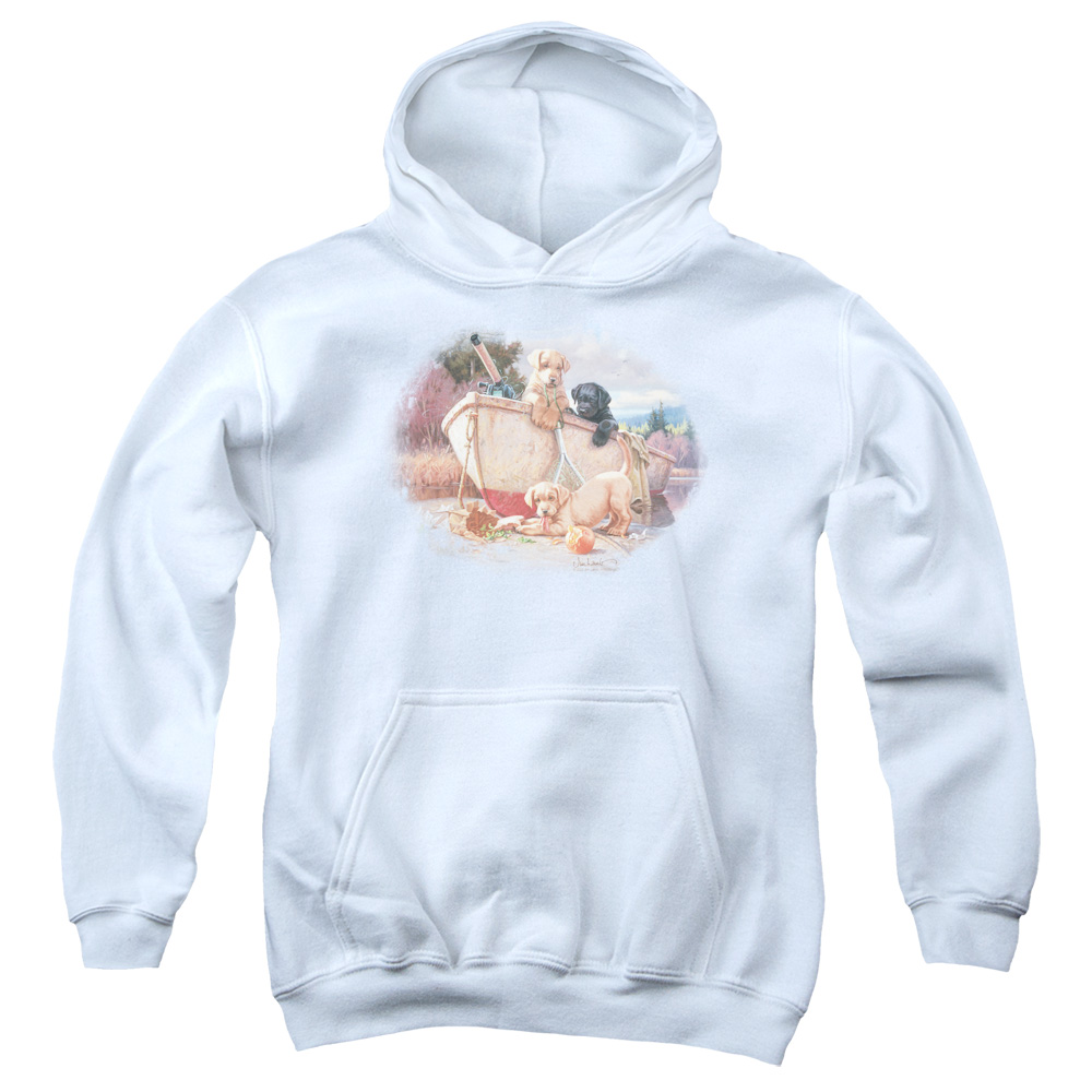 WW126-YFTH-2 Wildlife Lunch Break Lab Pups Youth Hooded Sweatshirt, White - Medium