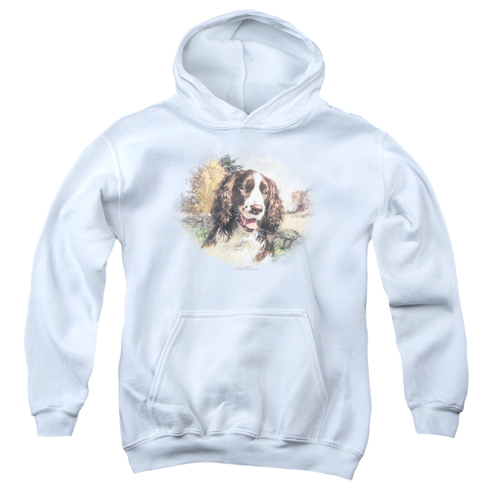 WW121-YFTH-2 Wildlife Springer Spaniel Head Youth Hooded Sweatshirt, White - Medium