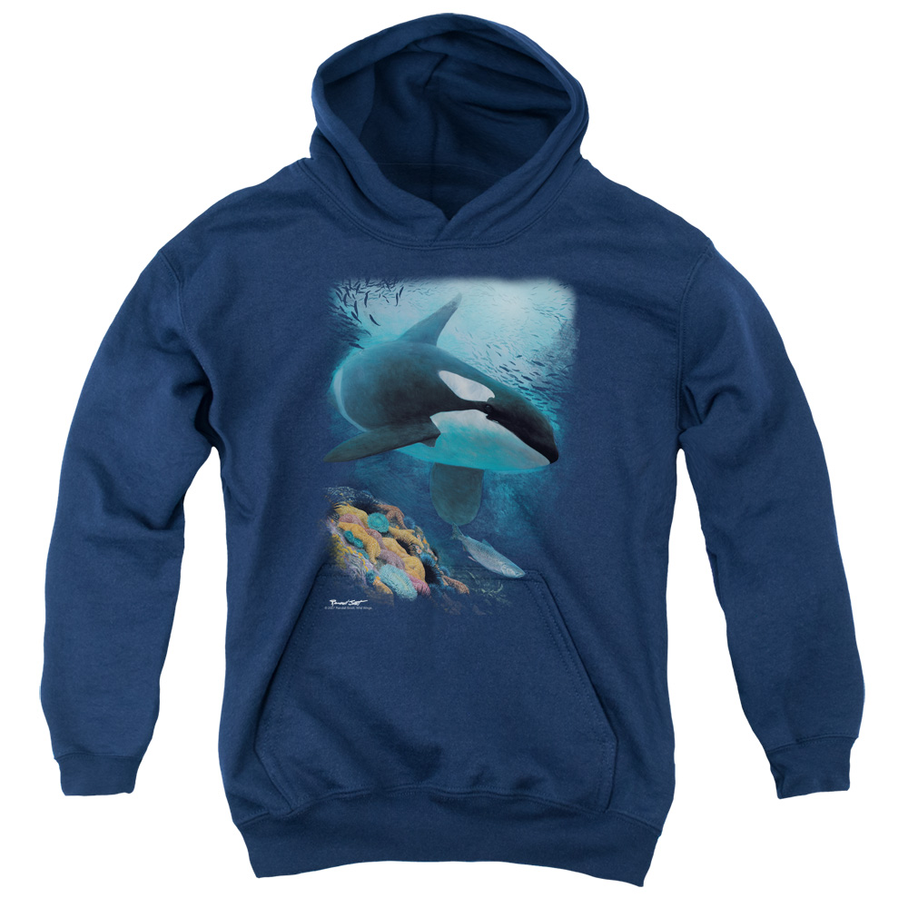 WW250-YFTH-2 Wildlife Salmon Hunter Orca Youth Hooded Sweatshirt, Navy - Medium