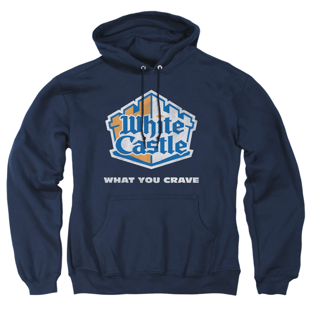WHT100-AFTH-2 White Castle Distressed Logo Adult Pullover Hoodie, Navy - Medium