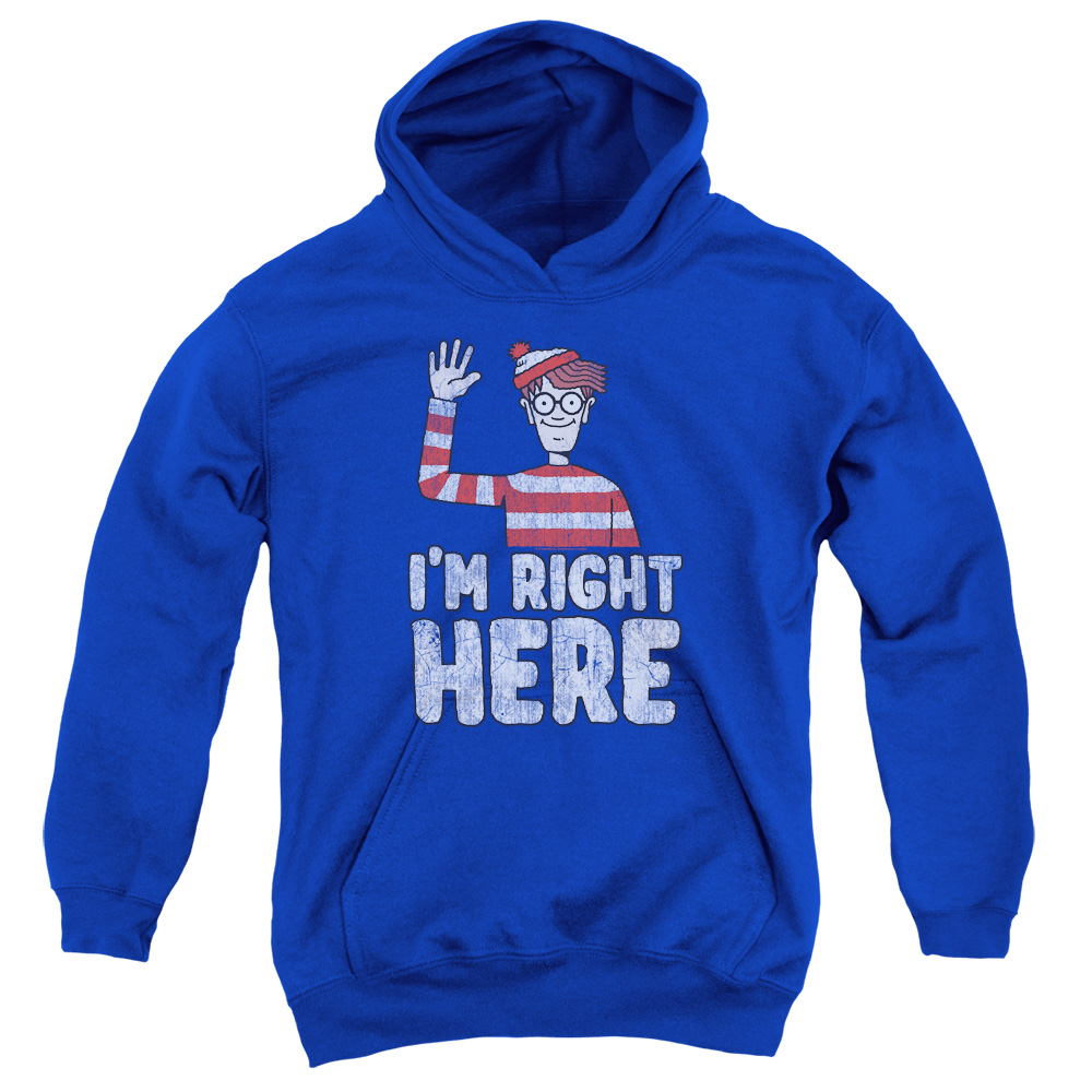 DRM358-YFTH-2 Wheres Waldo Im Right Here Youth Hooded Sweatshirt, Royal - Medium