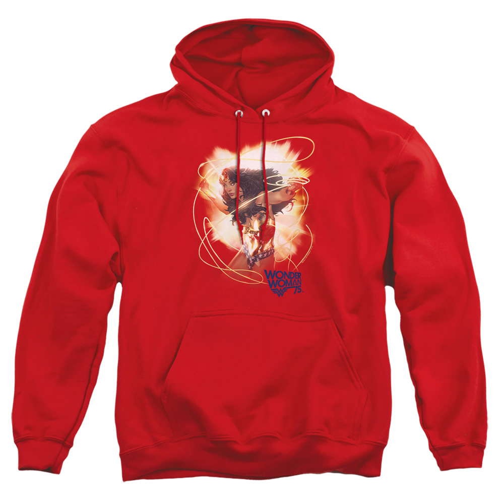 JLA716-AFTH-2 Wonder Woman 75th Burst Adult Pullover Hoodie, Red - Medium