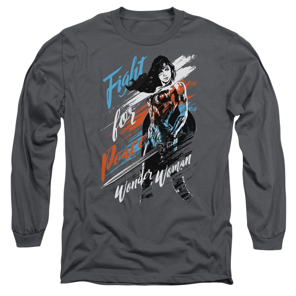 WWM115-AL-5 Wonder Woman Movie Fight for Peace Adult Long Sleeve T-Shirt, Charcoal - 2X