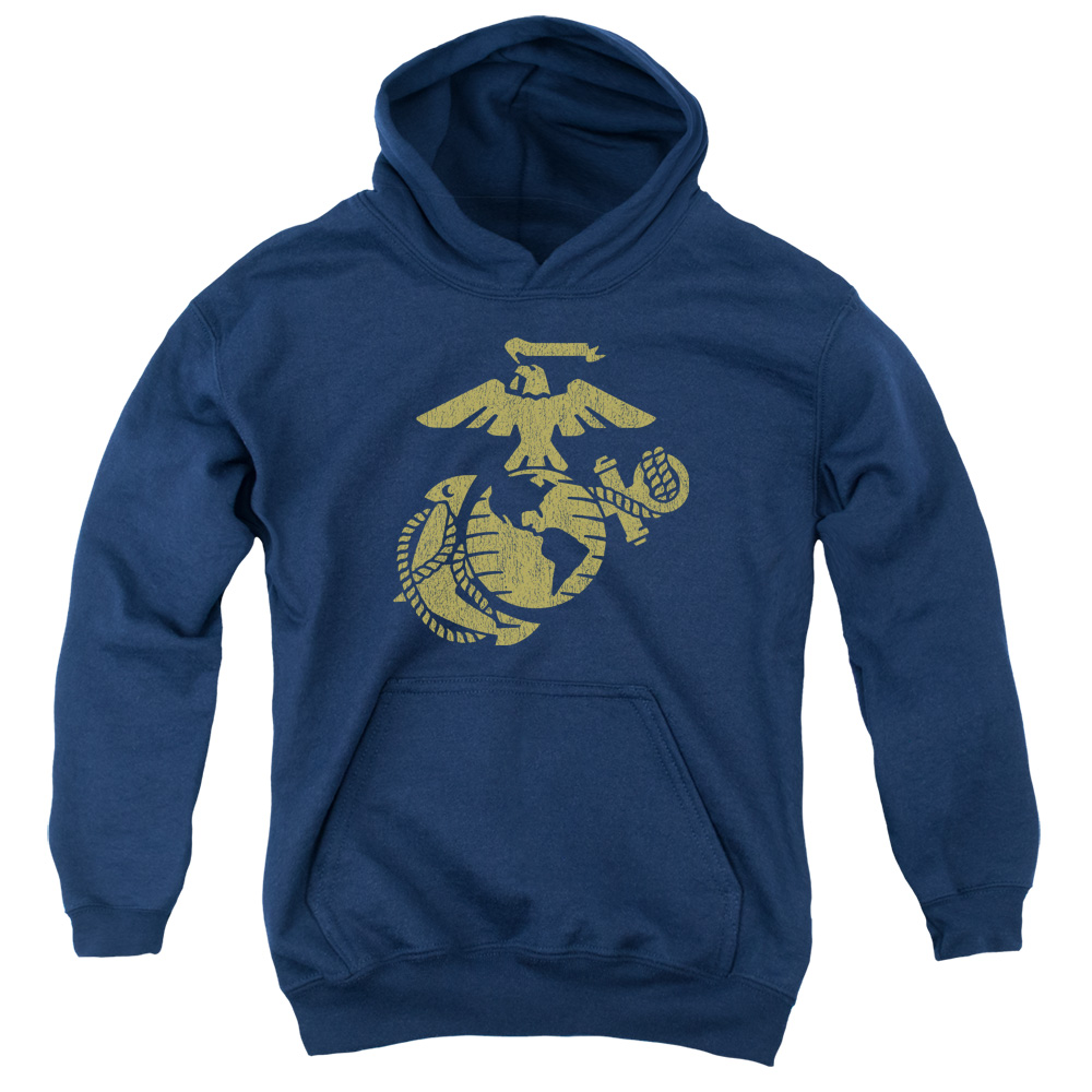 USMC111B-YFTH-2 US Marine Corps Gold Emblem Youth Hooded Sweatshirt, Navy - Medium